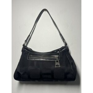 Y2K Nine West Black Canvas Shoulder Bag Purse Zip Top w/Silver Hardware 12x4x4"